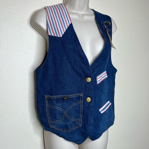Vintage Handmade Blue Denim Western Two Button Vest Stripe Contrast Women Medium - Picture 2 of 12